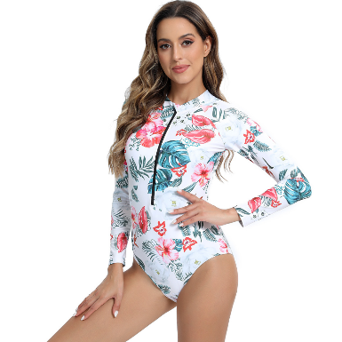 New Floral Printing Women Swimsuit Front Zipper Bodysuit Long Sleeve Bikini